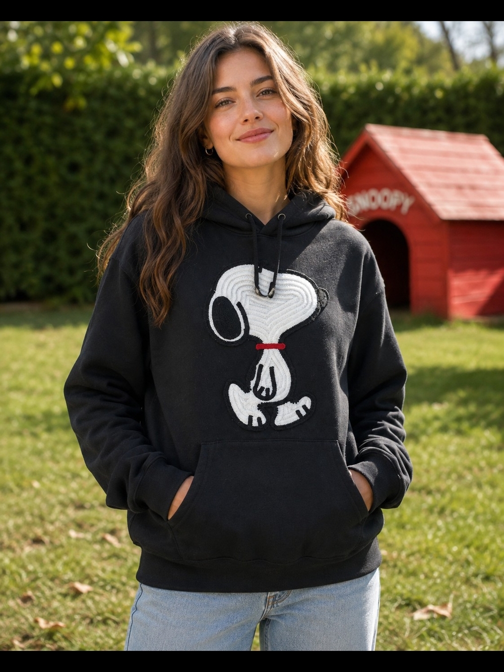 Women's Peanuts Black Crewneck Hoodie with White Snoopy Patch Size L